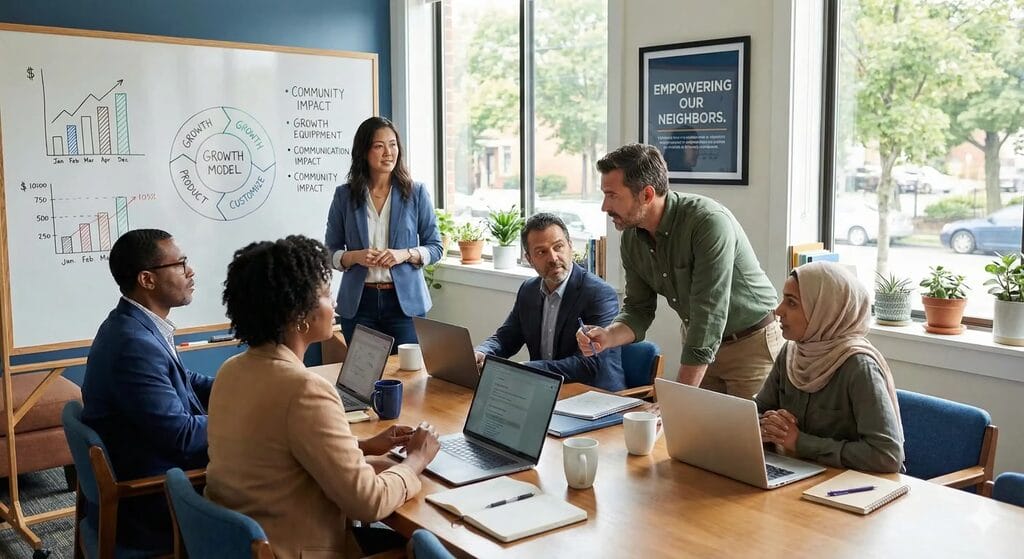 Nonprofit executives in affordable group coaching session discussing leadership strategies