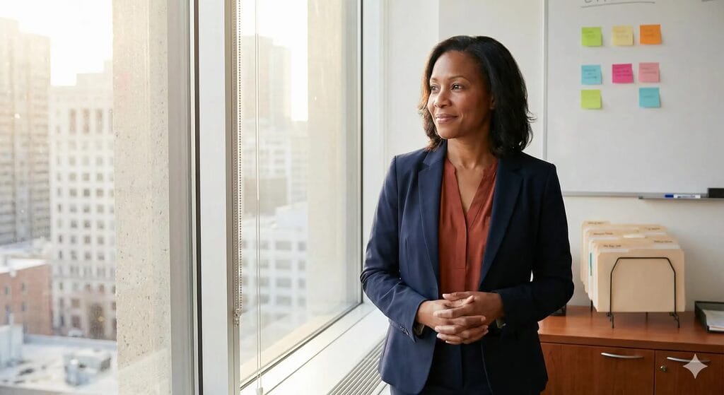 Calm nonprofit leader in organized office practicing sustainable leadership