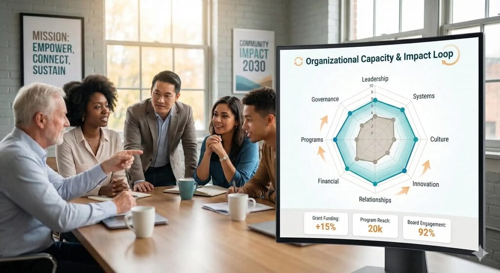CAPACITY LOOP nonprofit organizational capacity tracking dashboard with 8 dimensions