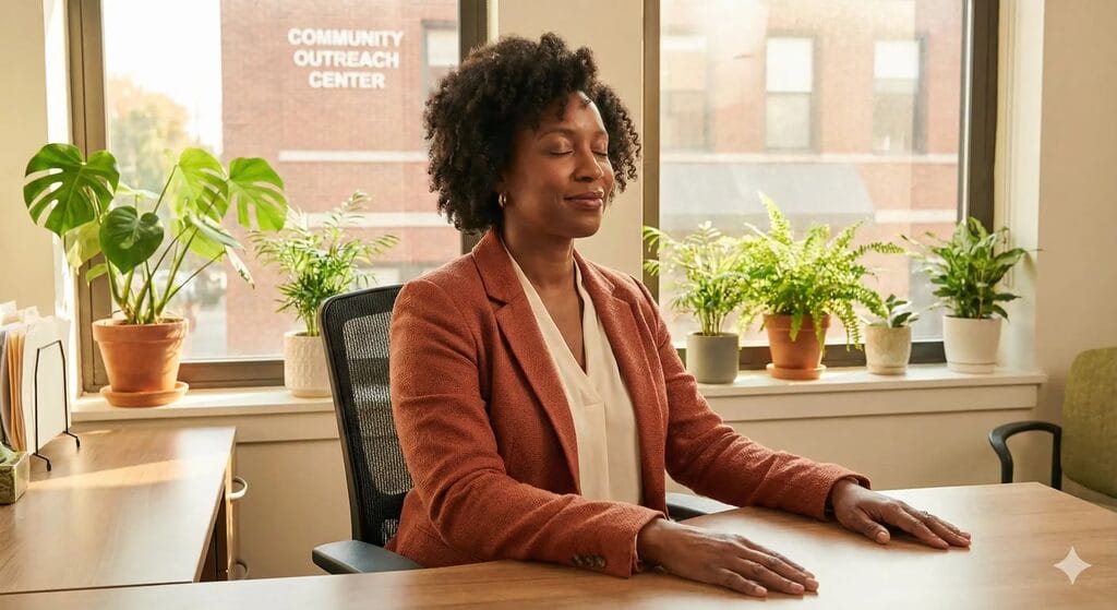 Nonprofit executive taking an intentional pause in sunlit office, demonstrating energy management practices