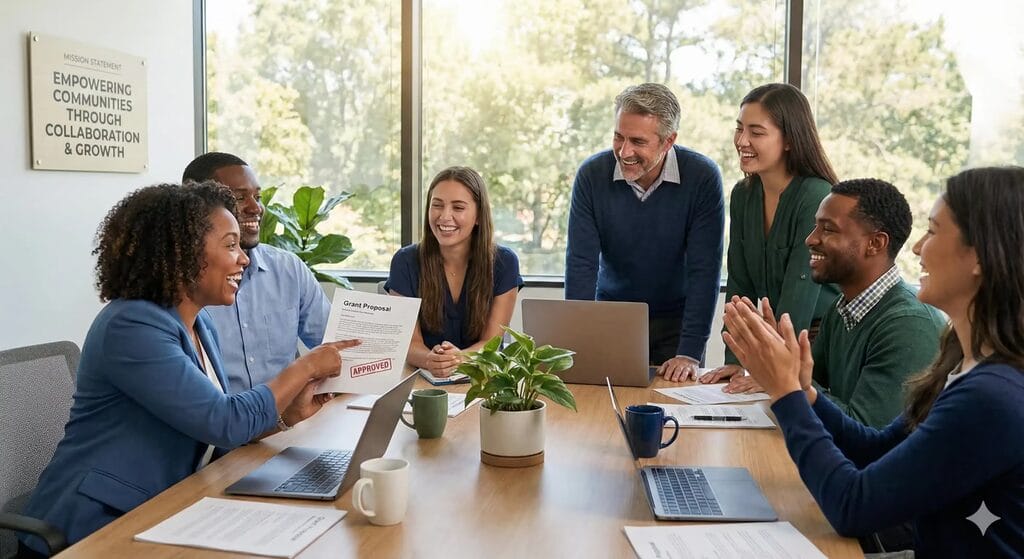 Nonprofit team collaborating on successful grant proposal for leadership coaching funding