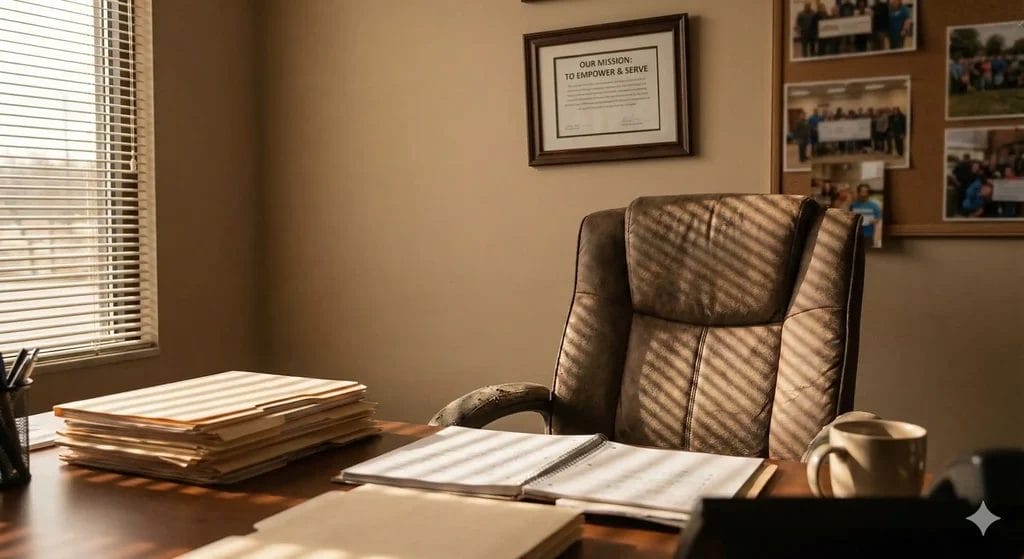 Empty executive director office chair at nonprofit desk suggesting leadership vacancy and organizational risk