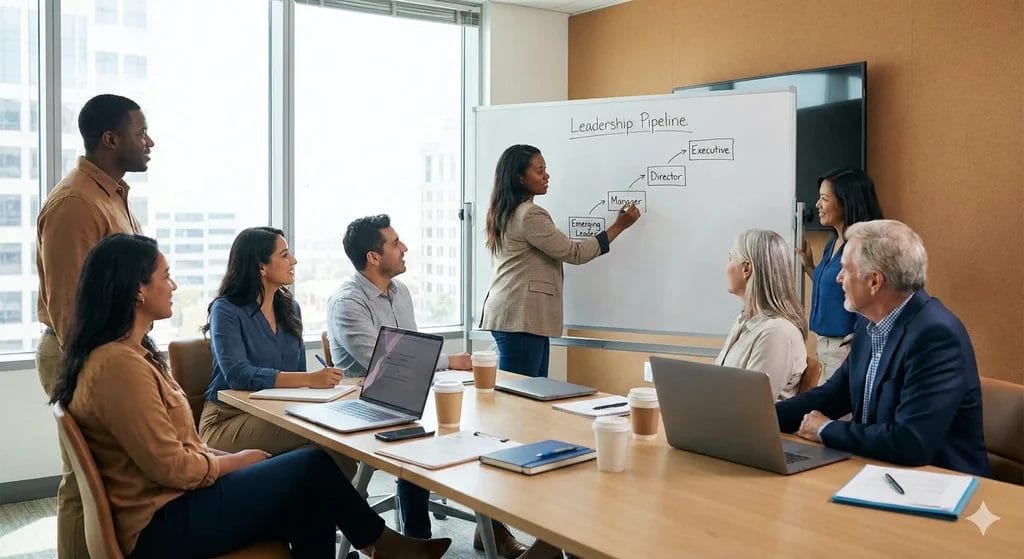 Diverse nonprofit team assessing leadership pipeline using whiteboard diagram