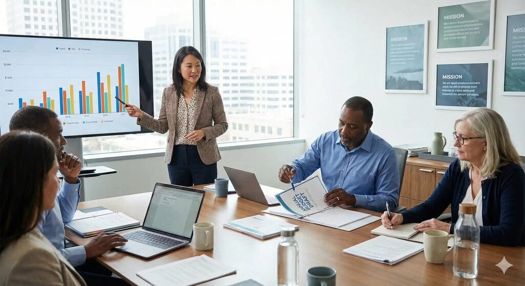 Nonprofit executive presenting coaching budget proposal to engaged board members during strategic planning session.