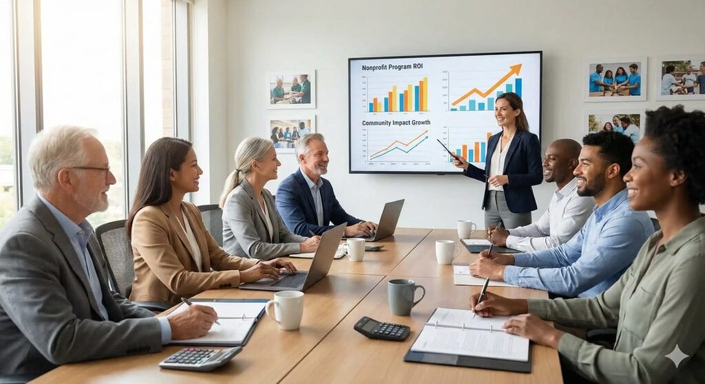 Nonprofit board reviewing positive ROI data from executive coaching investment presentation