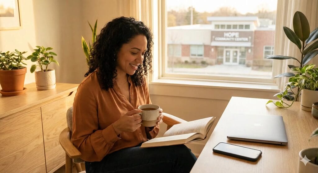 Nonprofit executive taking intentional rest time in home office with phone turned off