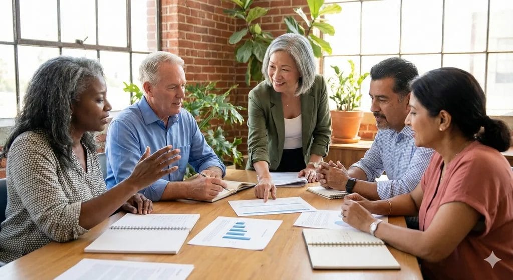 Diverse nonprofit senior leadership team engaged in collaborative strategic discussion