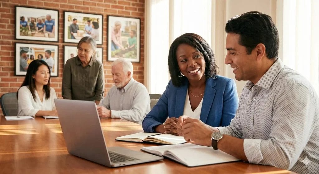 Board chair and executive director collaborating at nonprofit board meeting