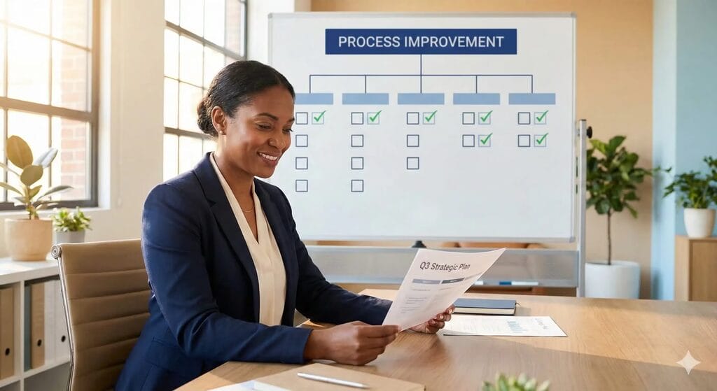 Nonprofit executive director reviewing FIREBREAK implementation worksheet in organized office