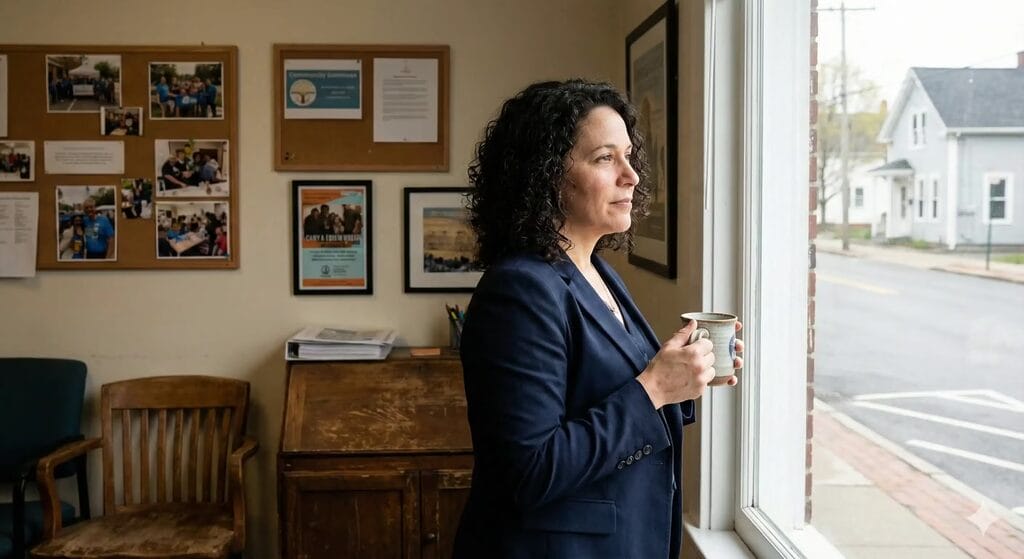 Nonprofit executive director reflecting on leadership journey in mission-driven office setting