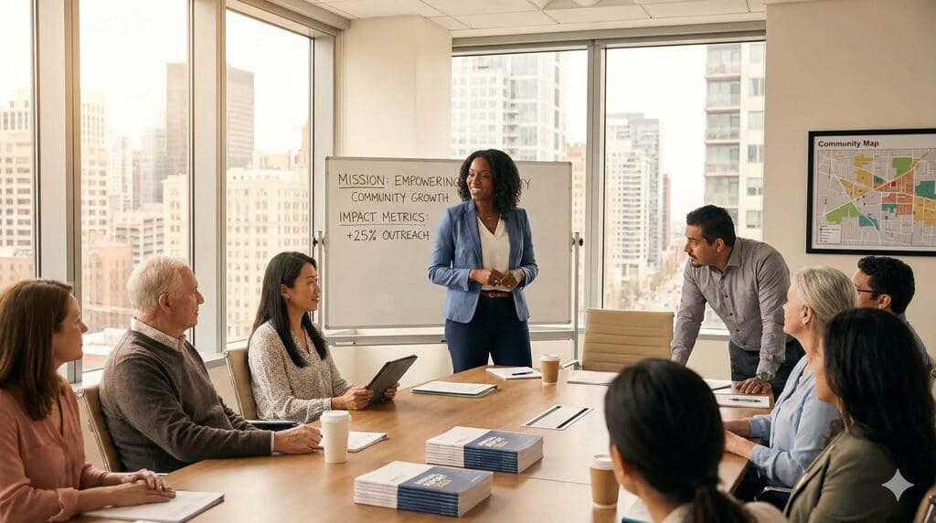 Nonprofit executive director leading strategic planning session with diverse board members in bright conference room
