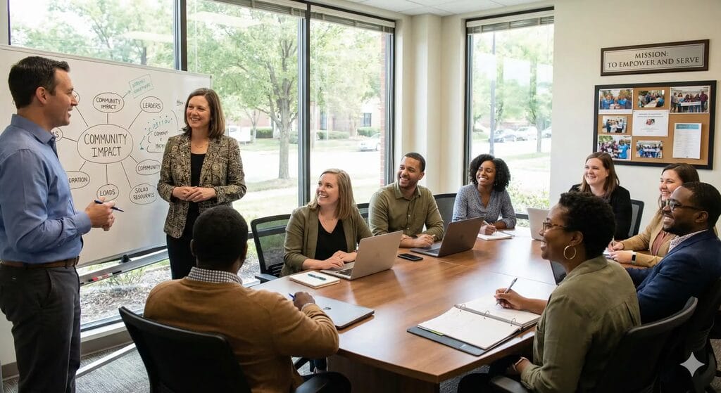 Diverse nonprofit executives engaged in strategic discussion about leadership development and coaching readiness
