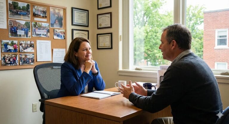 New nonprofit executive director conducting a listening tour conversation with staff member