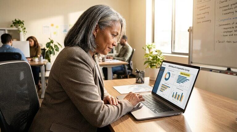 Nonprofit executive director reviewing salary data and compensation benchmarks