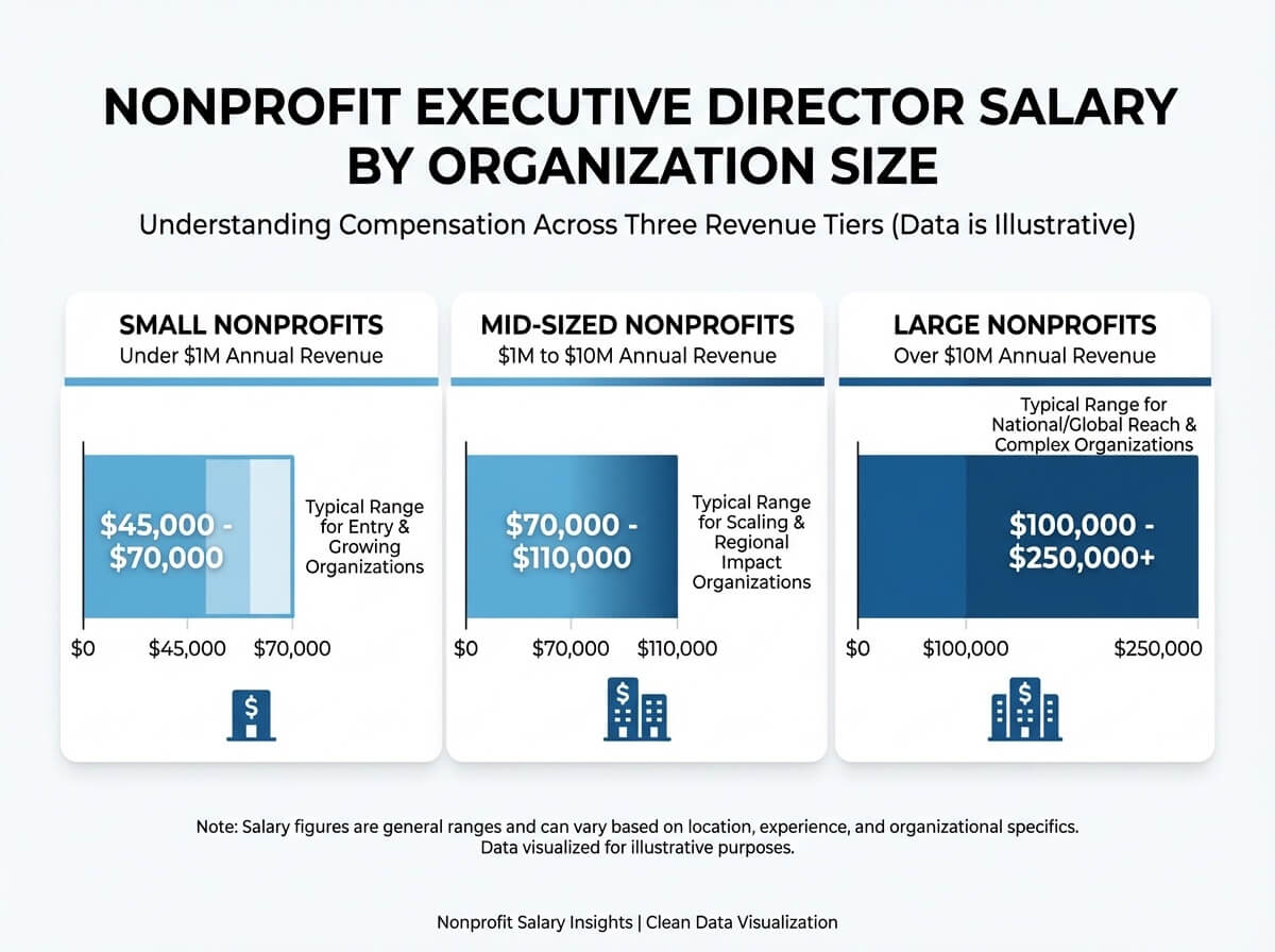 Nonprofit executive director salary ranges by organization size: small, mid-sized, and large nonprofits